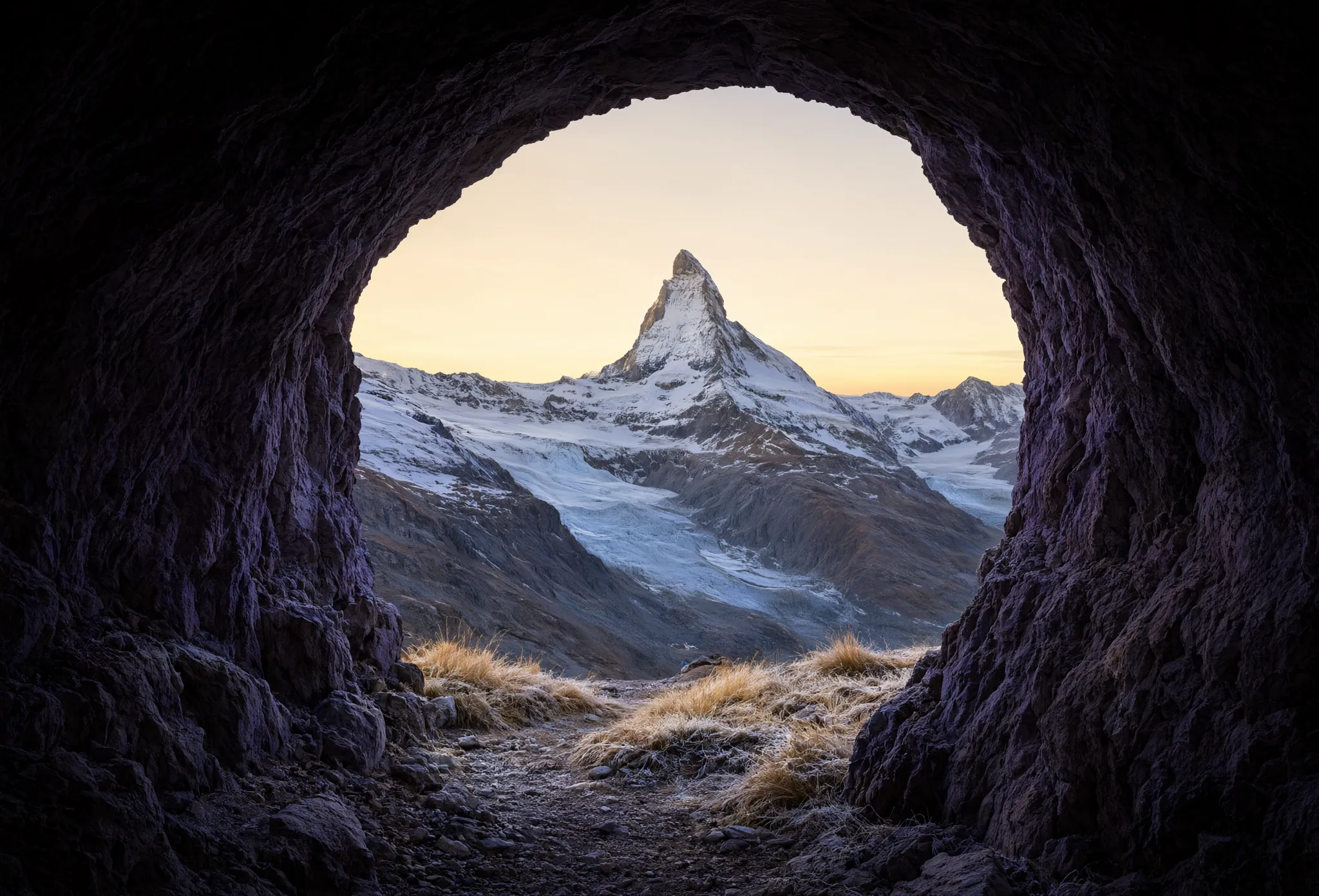 Looking out of an alpine cave at a lone snow peak at sunrise